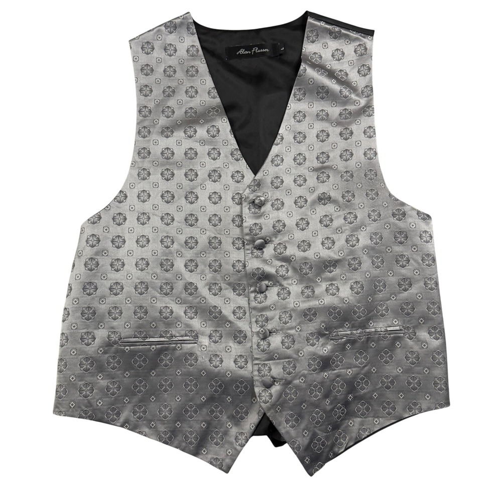Alan‎ Flusser Suit Vest Men Large Silver Silk Medallion Formal Waistcoat EUC!